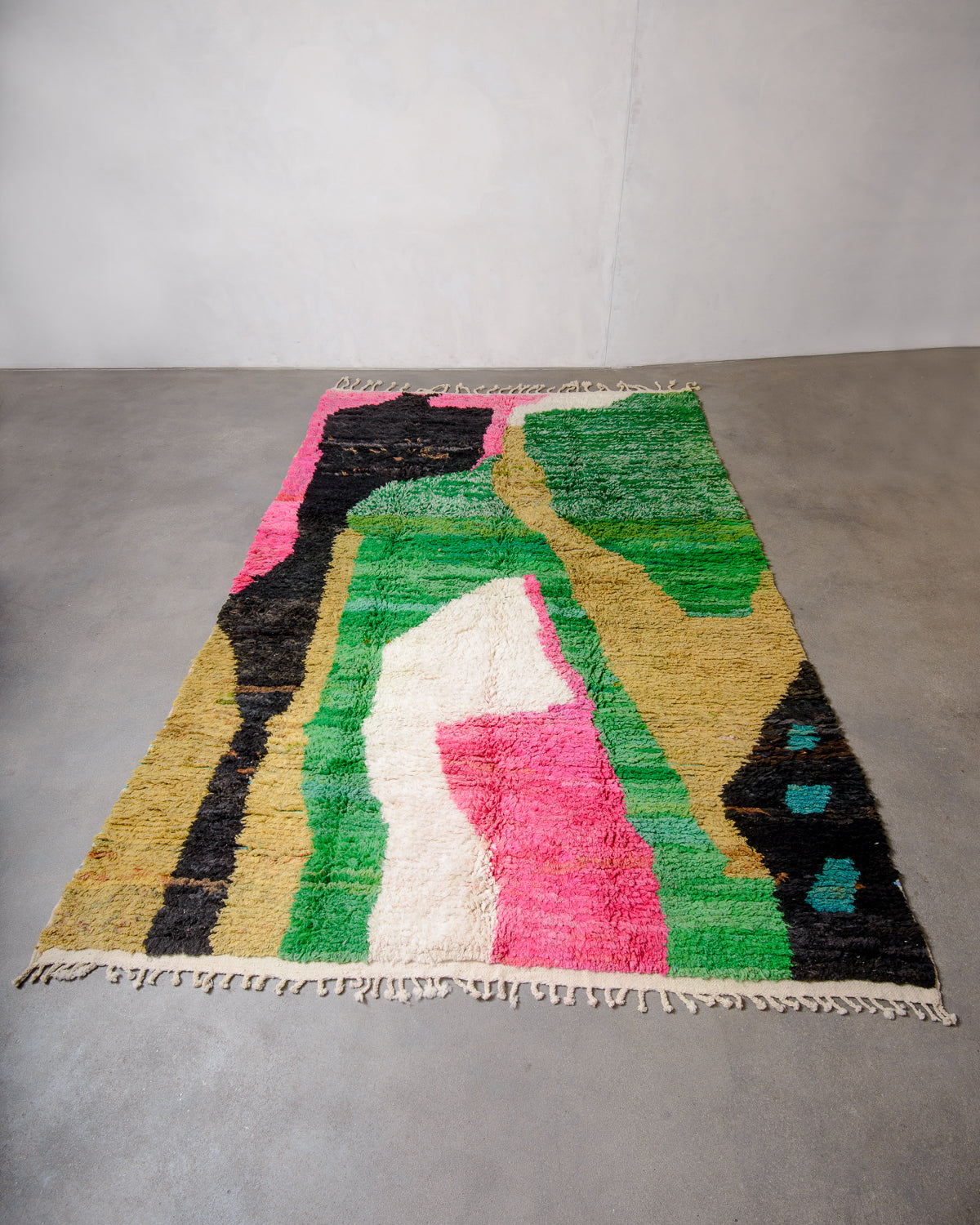 Modern, designer, handcrafted Berber rug from Morocco. Vintage carpet with beautiful colours and patterns and fluffy texture.